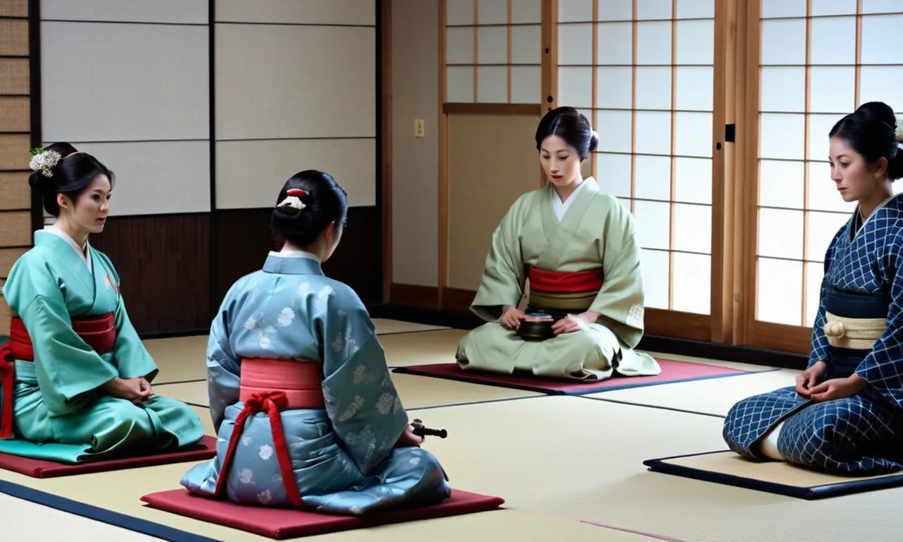 A captivating photo captures a traditional Japanese tea ceremony, showcasing individuals gracefully sitting on tatami mats, emphasizing the cultural significance and comfort of floor seating in Japan.