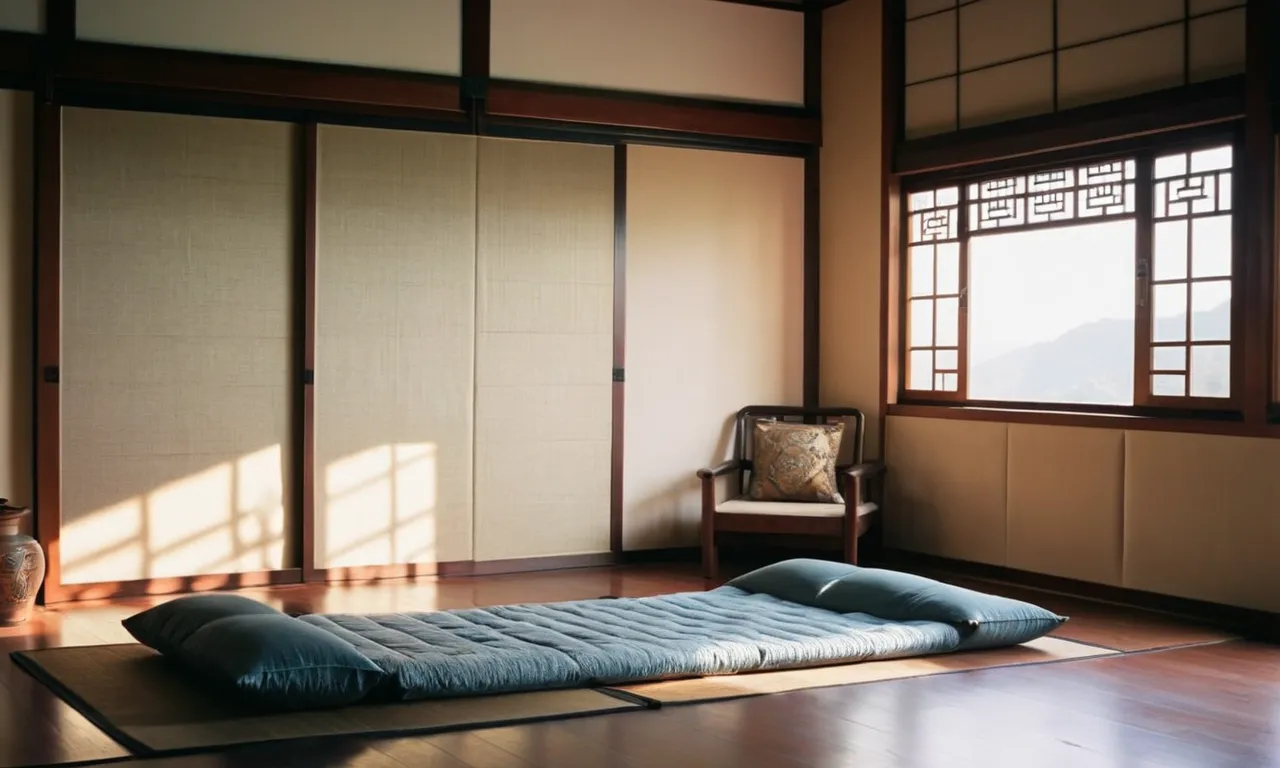 A captivating photo captures a serene Korean bedroom at sunrise, showcasing a traditional futon neatly laid on the floor. It exudes tranquility and invites curiosity about the cultural practice of floor sleeping.