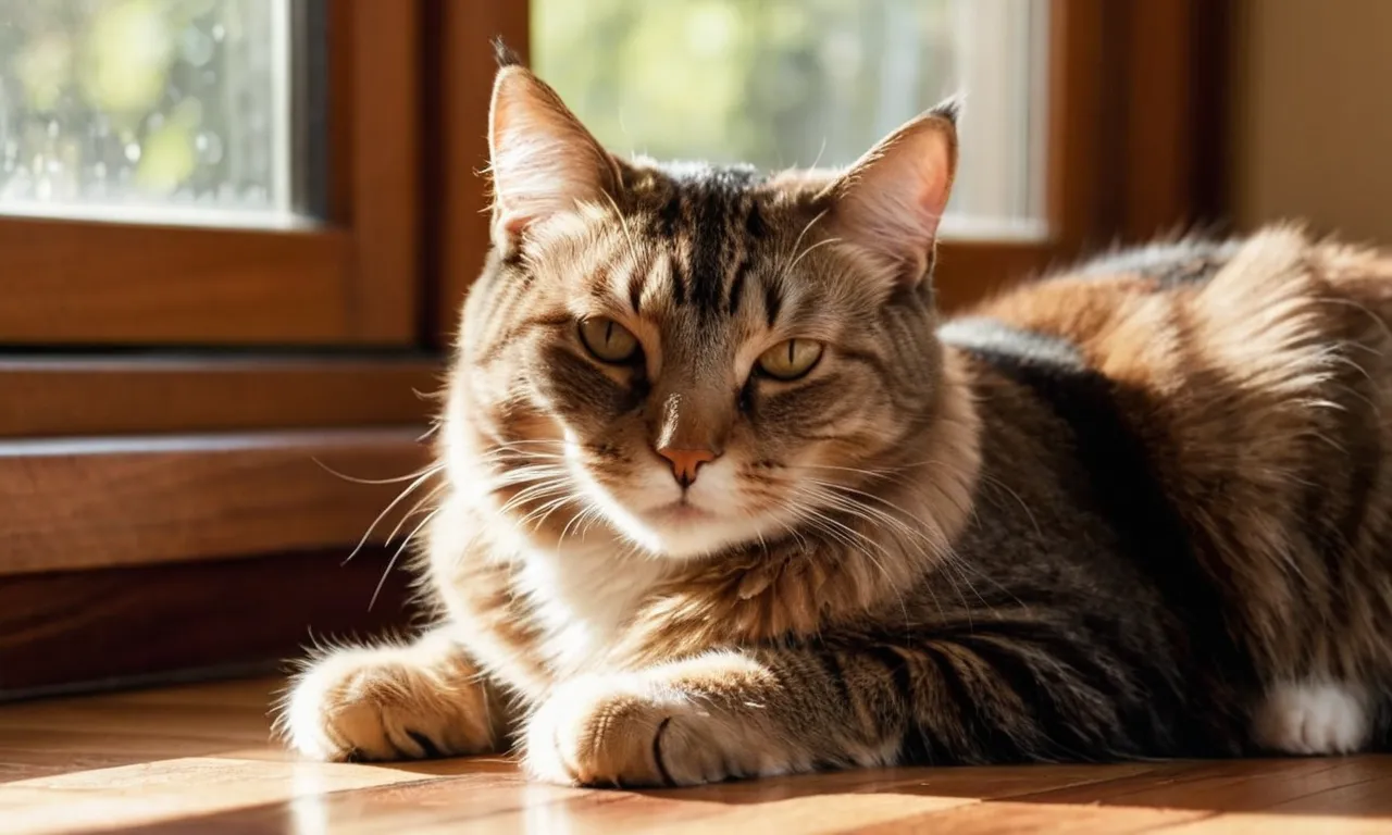 A close-up photo captures a contented cat peacefully dozing on the hardwood floor, basking in the gentle sunlight streaming through the window, showcasing their preference for a cool and serene sleeping spot.