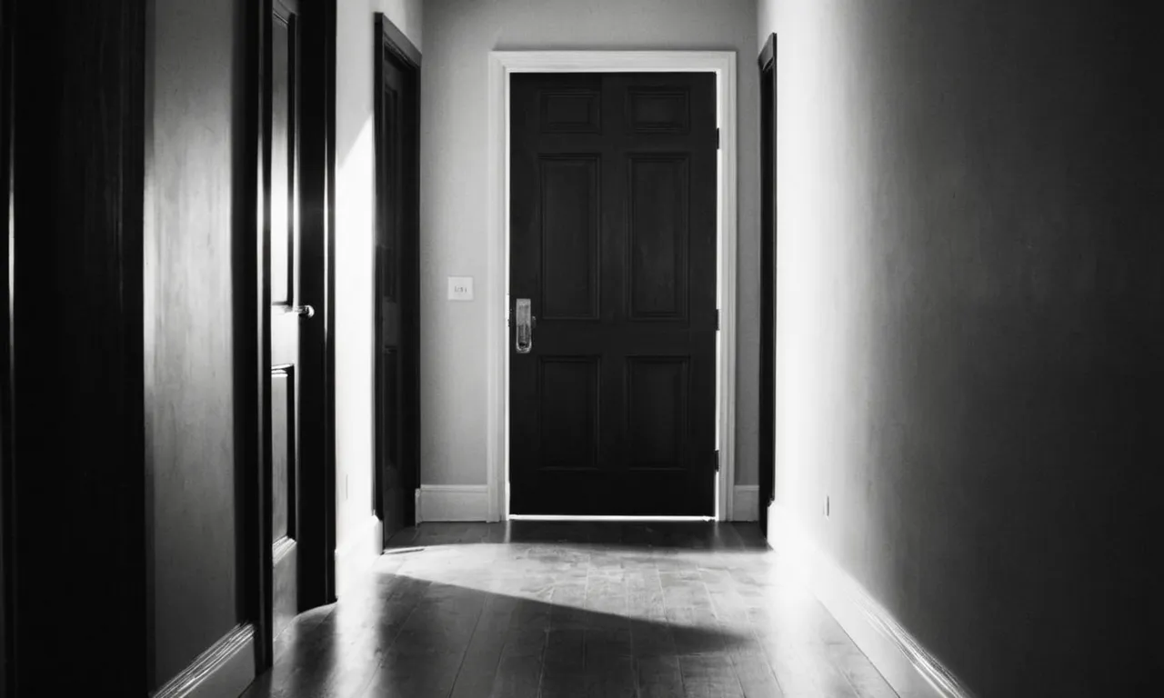 A dimly lit hallway captured in black and white, featuring a slightly ajar door with a mysterious shadow creeping out, questioning the inexplicable phenomenon of a door opening on its own.