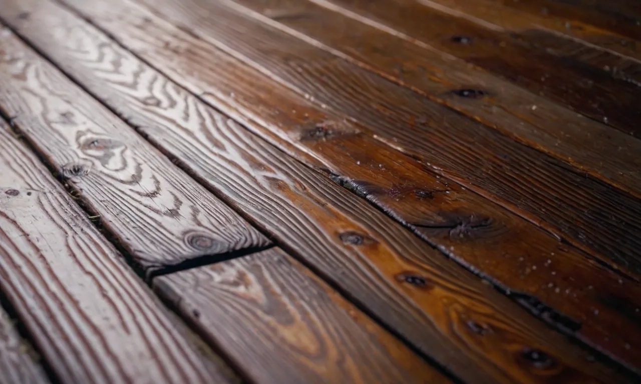 A close-up shot captures a worn wooden floor, revealing intricate patterns of aging and highlighting the question "Why does my floor creak?"