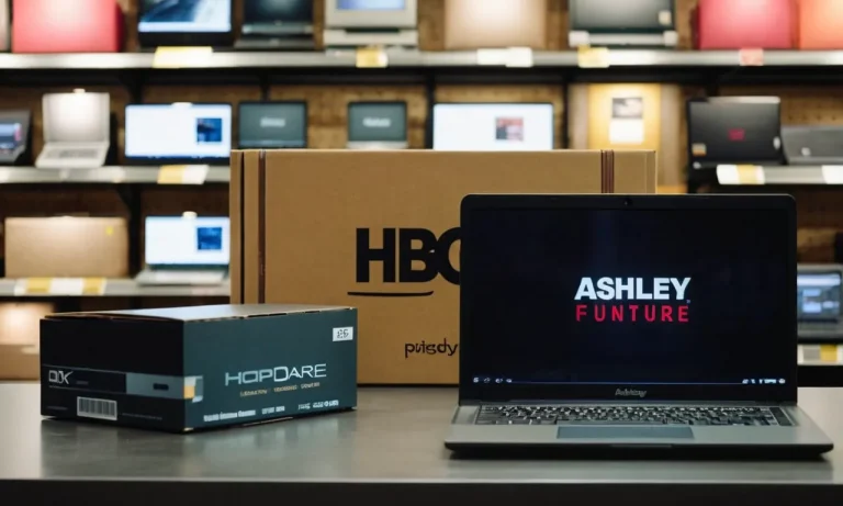 A photo showcasing an empty Ashley Furniture store with a contrasting image of a laptop showing discounted prices online, highlighting the disparity in pricing between their physical store and online platform.