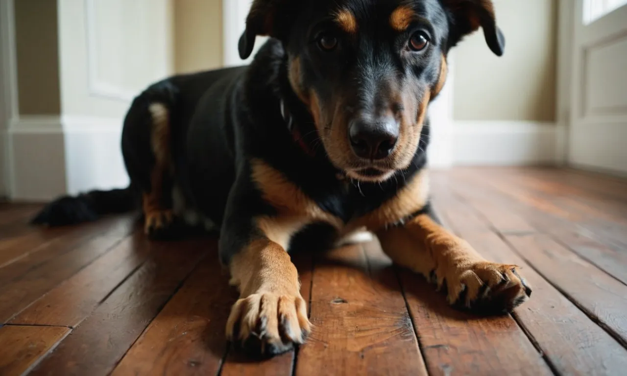 A close-up photograph capturing a dog's paws scratching vigorously at the wooden floor, showcasing the intense focus and determination in its eyes as it attempts to alleviate an itch or mark its territory.