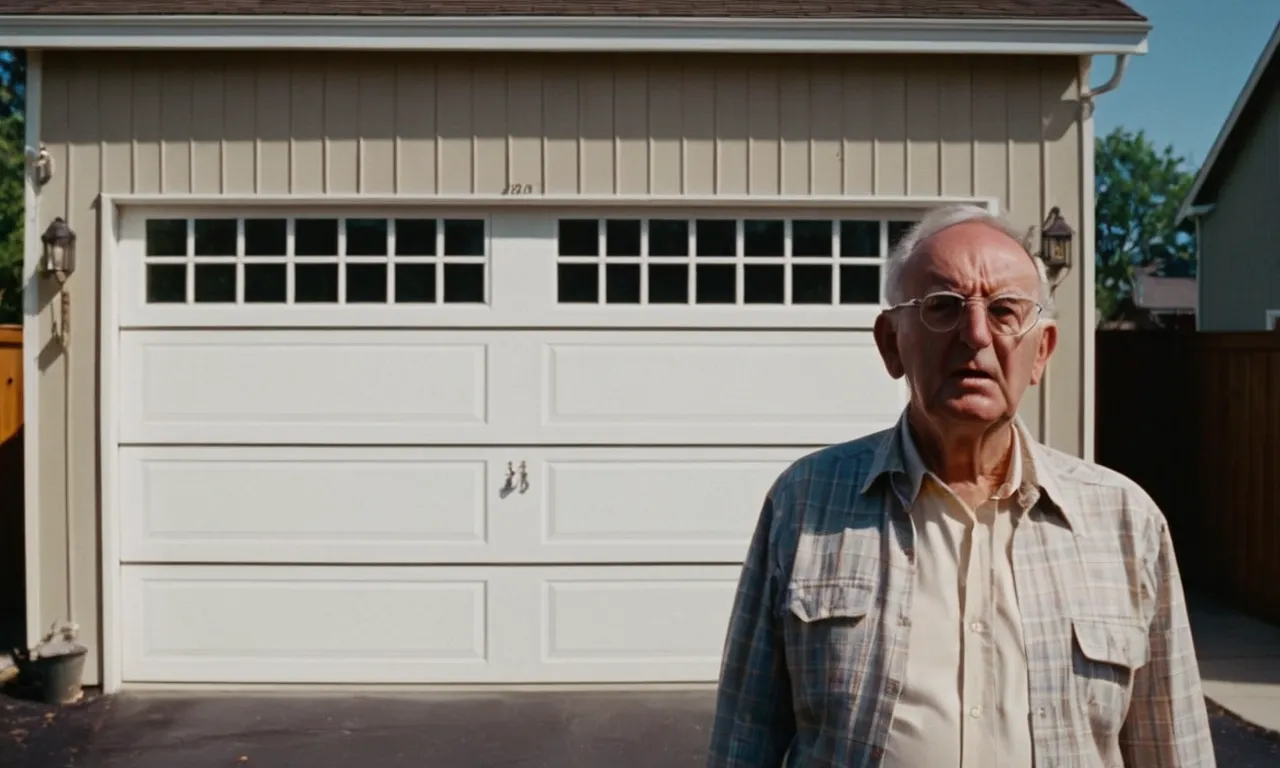 A close-up shot of a frustrated homeowner, standing in front of their garage with a puzzled expression, while the electric garage door remains partially open, symbolizing the fickle nature of the mechanism.