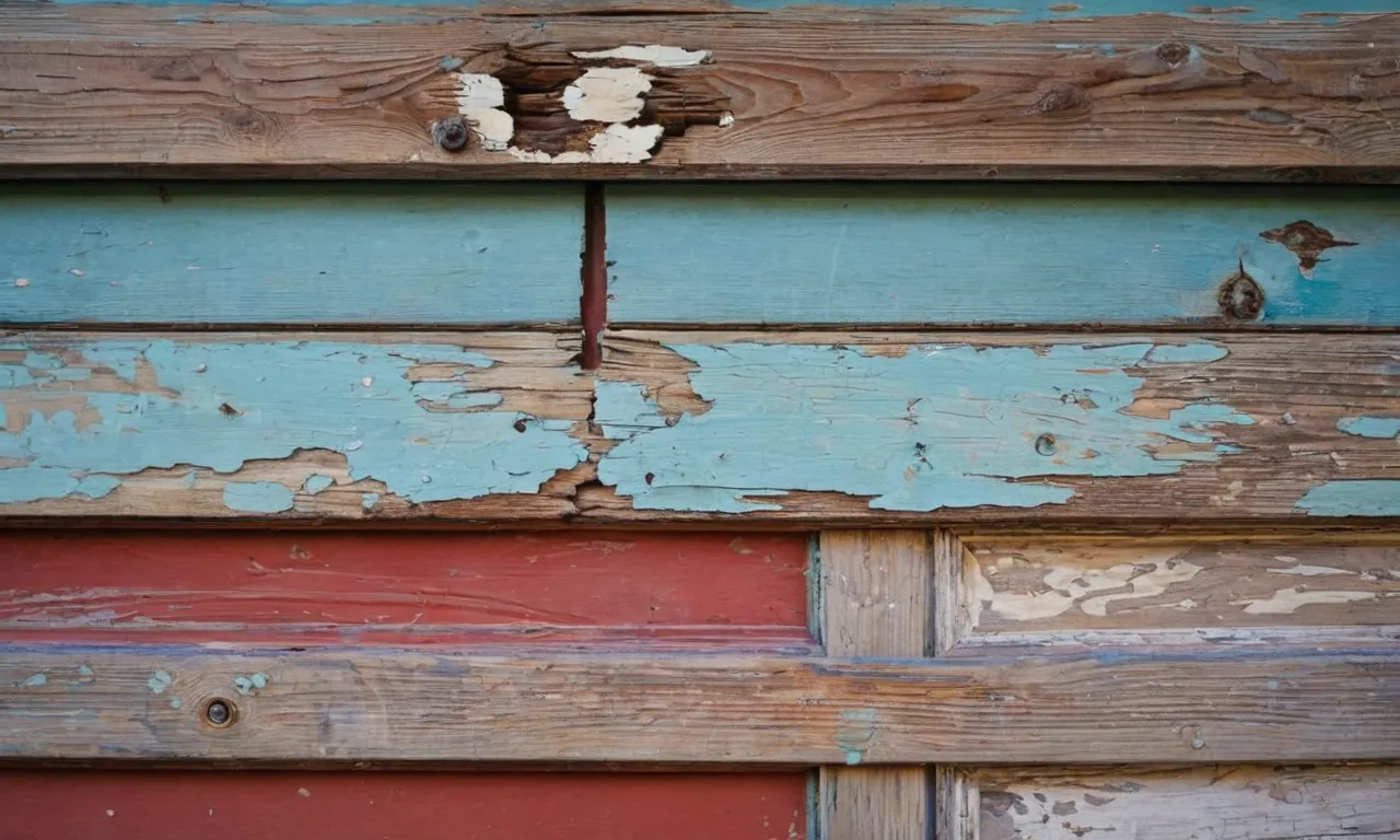 A close-up photo capturing the textured surface of peeling paint on a weathered wooden door, revealing layers of time and neglect.