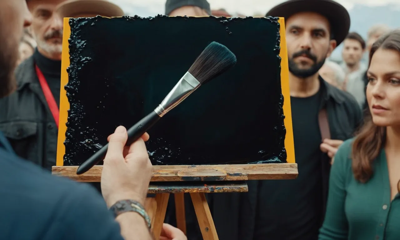 A captivating image showing a paintbrush delicately applying Vantablack to a canvas, surrounded by curious spectators, questioning why such a mesmerizing color is forbidden.