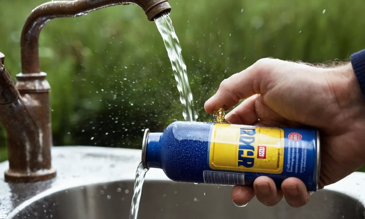 A close-up photo captures a hand holding a can of WD-40, spraying it into a corroded faucet. The water droplets glisten as the faucet's once rusty surface starts to shine again.