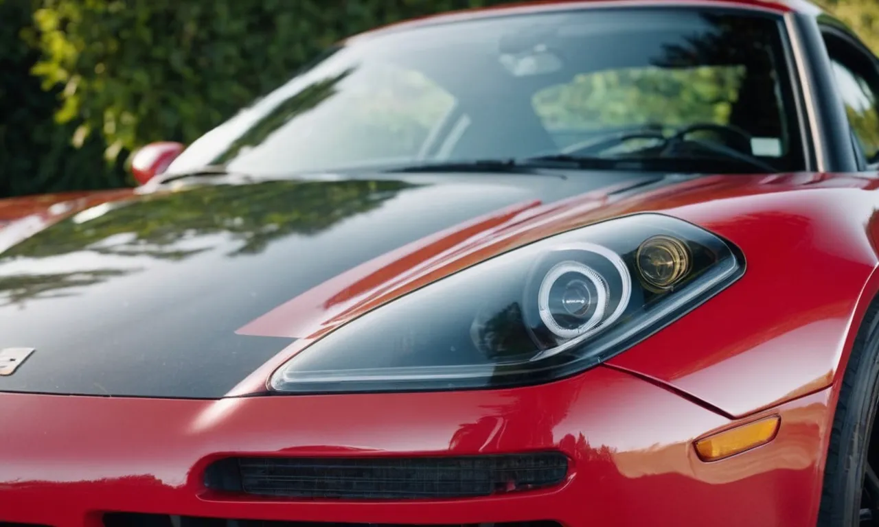 A close-up shot capturing a red sports car's shiny hood with a strip of duct tape gently adhered to the surface, showcasing the potential concern of whether it will cause any damage to the paint.