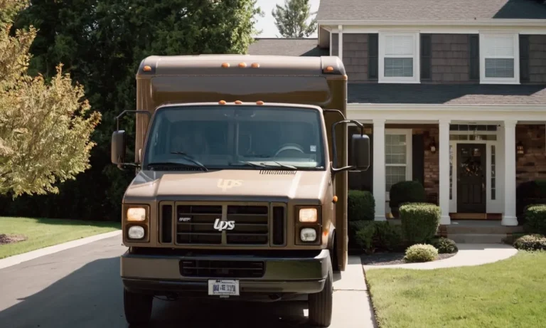 A photo of a UPS delivery truck parked in front of a house, with a package left at the doorstep, capturing the anticipation and uncertainty of whether the recipient will find it there upon their arrival.