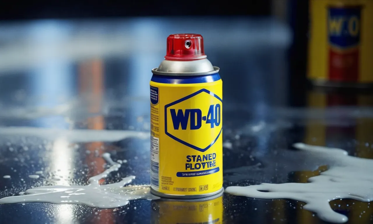 A close-up shot capturing a can of WD-40 spray positioned near a glass surface with streaks of paint partially removed, showcasing the product's effectiveness in removing paint from glass.