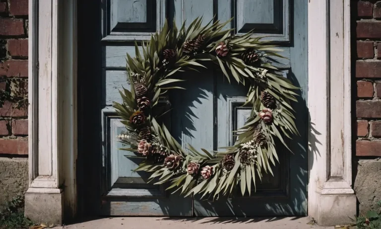 A haunting scene captured on canvas reveals a desolate wreath hanging on a weathered door, evoking the somber symbolism of death with its withered petals and melancholic aura.
