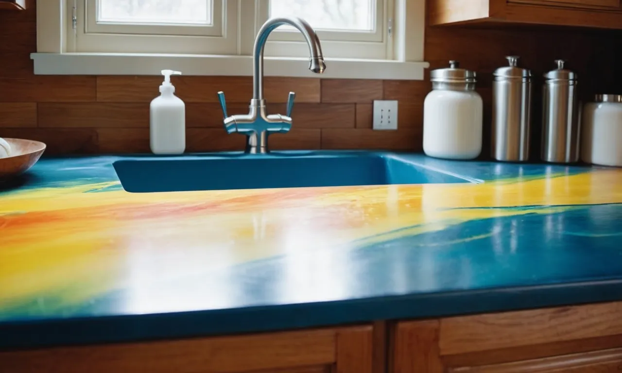 A close-up photo capturing the smooth, glossy surface of a painted laminate countertop, showcasing its transformation from dull to vibrant, with brushstrokes adding depth and texture to the formerly plain surface.