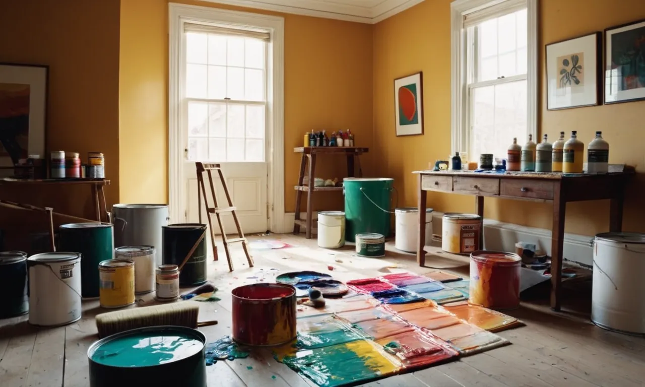 Vibrant brushes, paint cans, and drop cloths scattered across a sunlit room as a painter stands confidently, capturing the essence of transformation in a rented apartment.