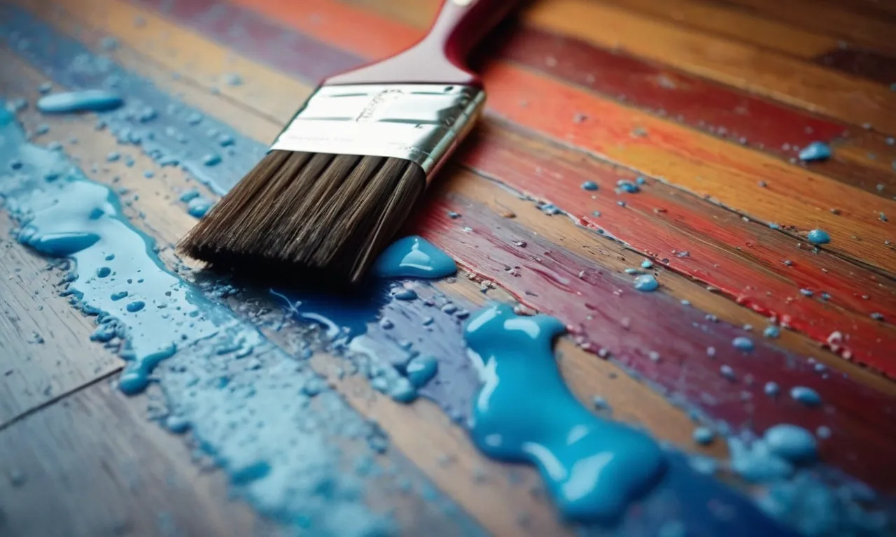A vividly colored canvas captures the essence of a photographer's dilemma: a paintbrush hovers above a laminate floor, frozen in time, questioning its artistic potential.